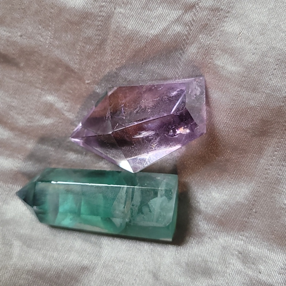 Green Flourite and Amethyst crystal points.